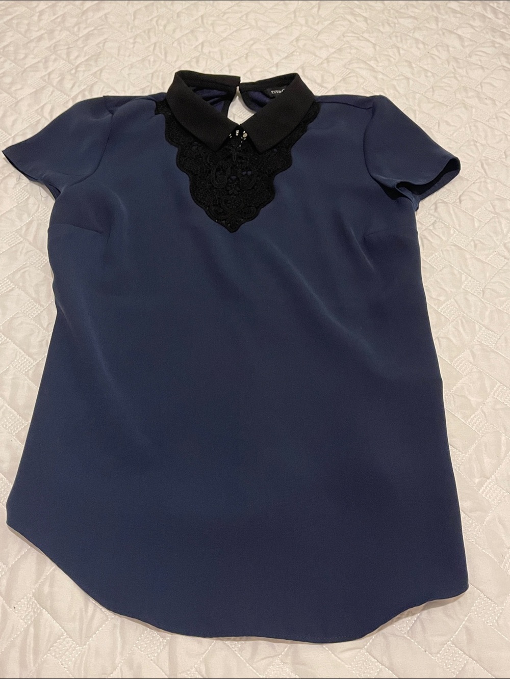 RW&CO. Navy Short-Sleeve Blouse with Black Lace Collar